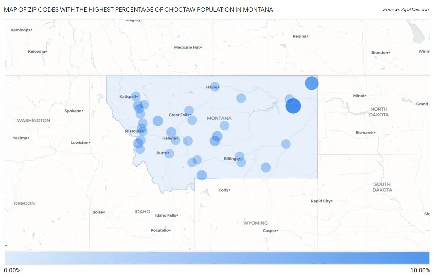 Zip Codes with the Highest Percentage of Choctaw Population in Montana Map
