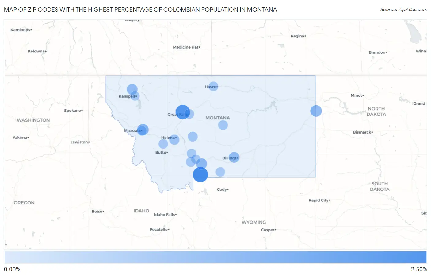 Zip Codes with the Highest Percentage of Colombian Population in Montana Map