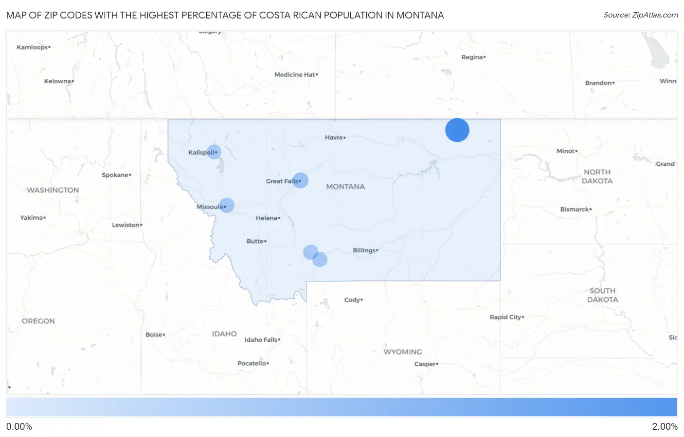 Zip Codes with the Highest Percentage of Costa Rican Population in Montana Map