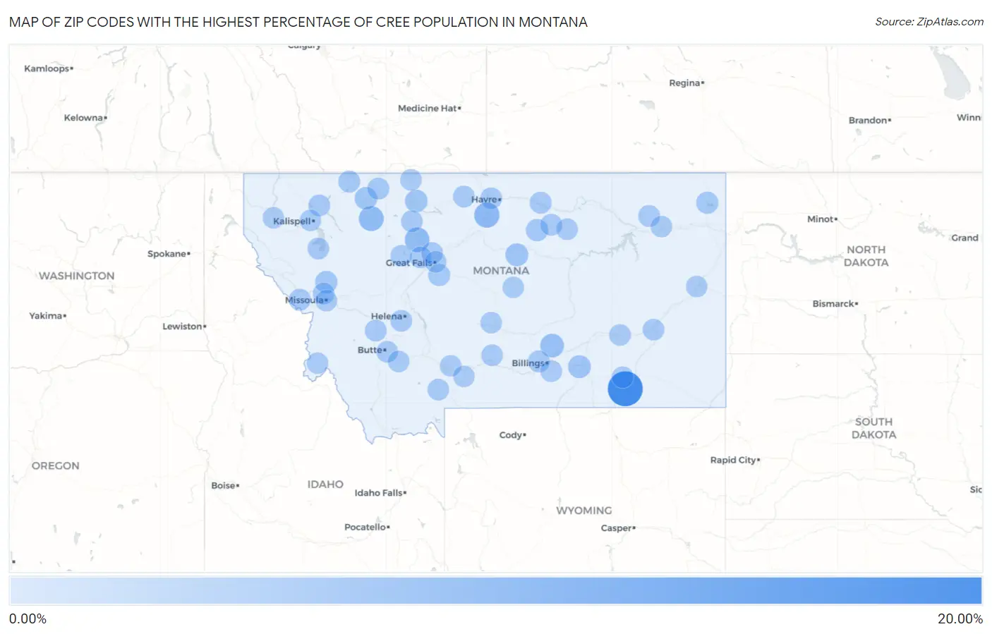 Zip Codes with the Highest Percentage of Cree Population in Montana Map