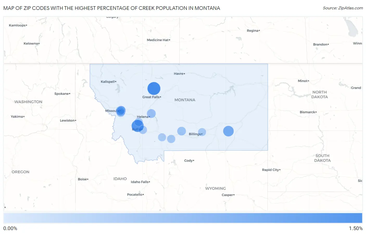 Zip Codes with the Highest Percentage of Creek Population in Montana Map