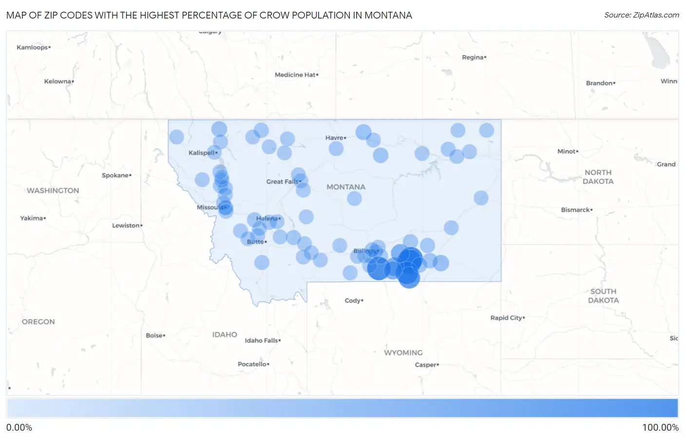 Zip Codes with the Highest Percentage of Crow Population in Montana Map