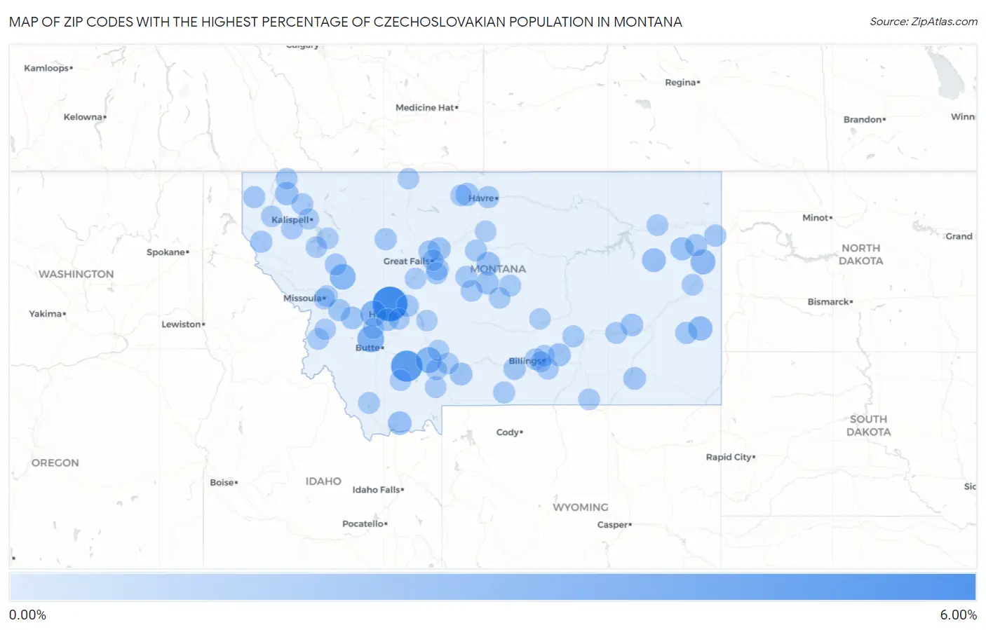 Zip Codes with the Highest Percentage of Czechoslovakian Population in Montana Map