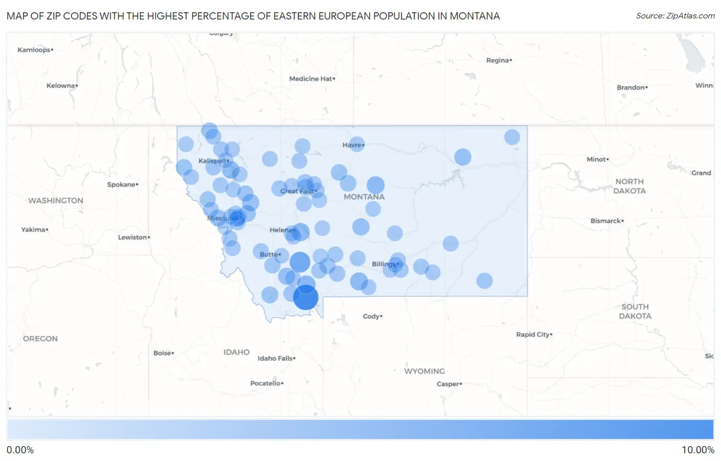 Zip Codes with the Highest Percentage of Eastern European Population in Montana Map