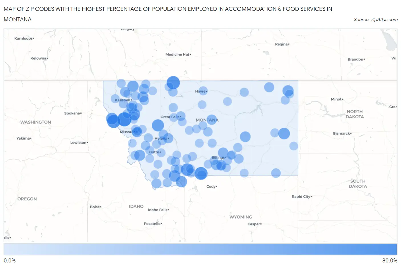 Zip Codes with the Highest Percentage of Population Employed in Accommodation & Food Services in Montana Map