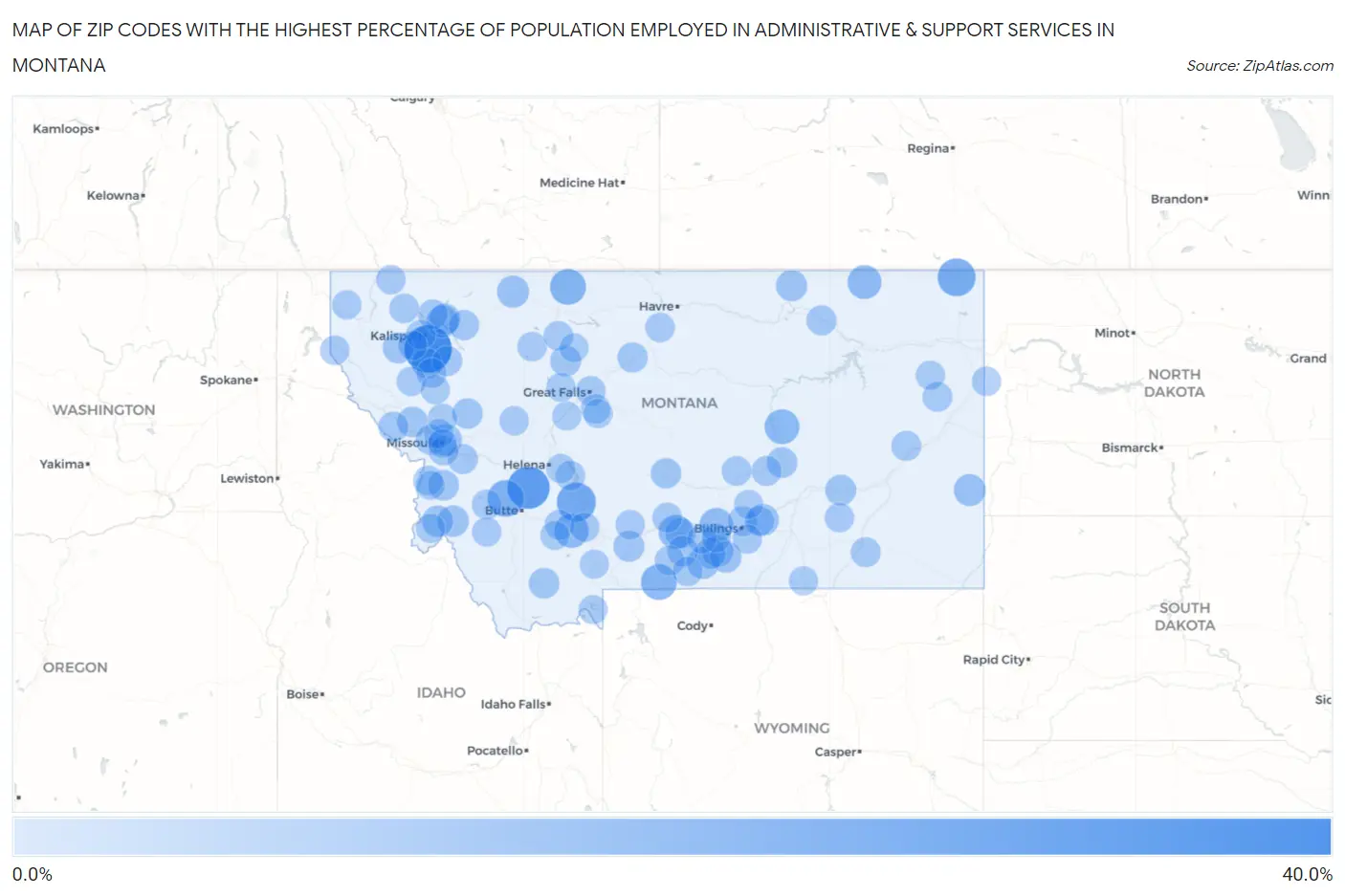 Zip Codes with the Highest Percentage of Population Employed in Administrative & Support Services in Montana Map