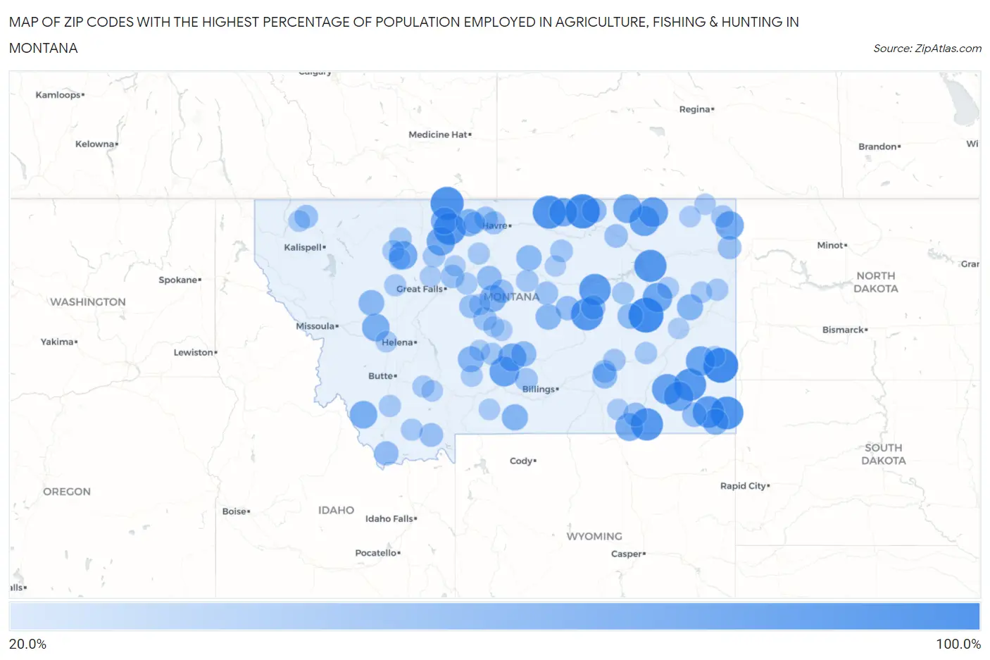 Zip Codes with the Highest Percentage of Population Employed in Agriculture, Fishing & Hunting in Montana Map