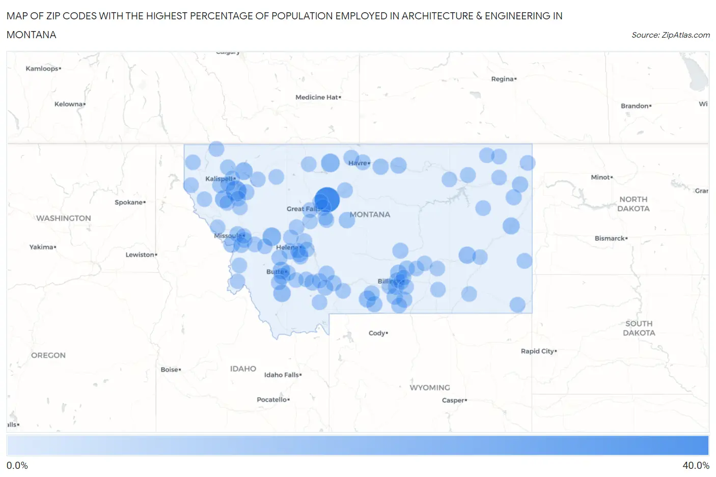 Zip Codes with the Highest Percentage of Population Employed in Architecture & Engineering in Montana Map