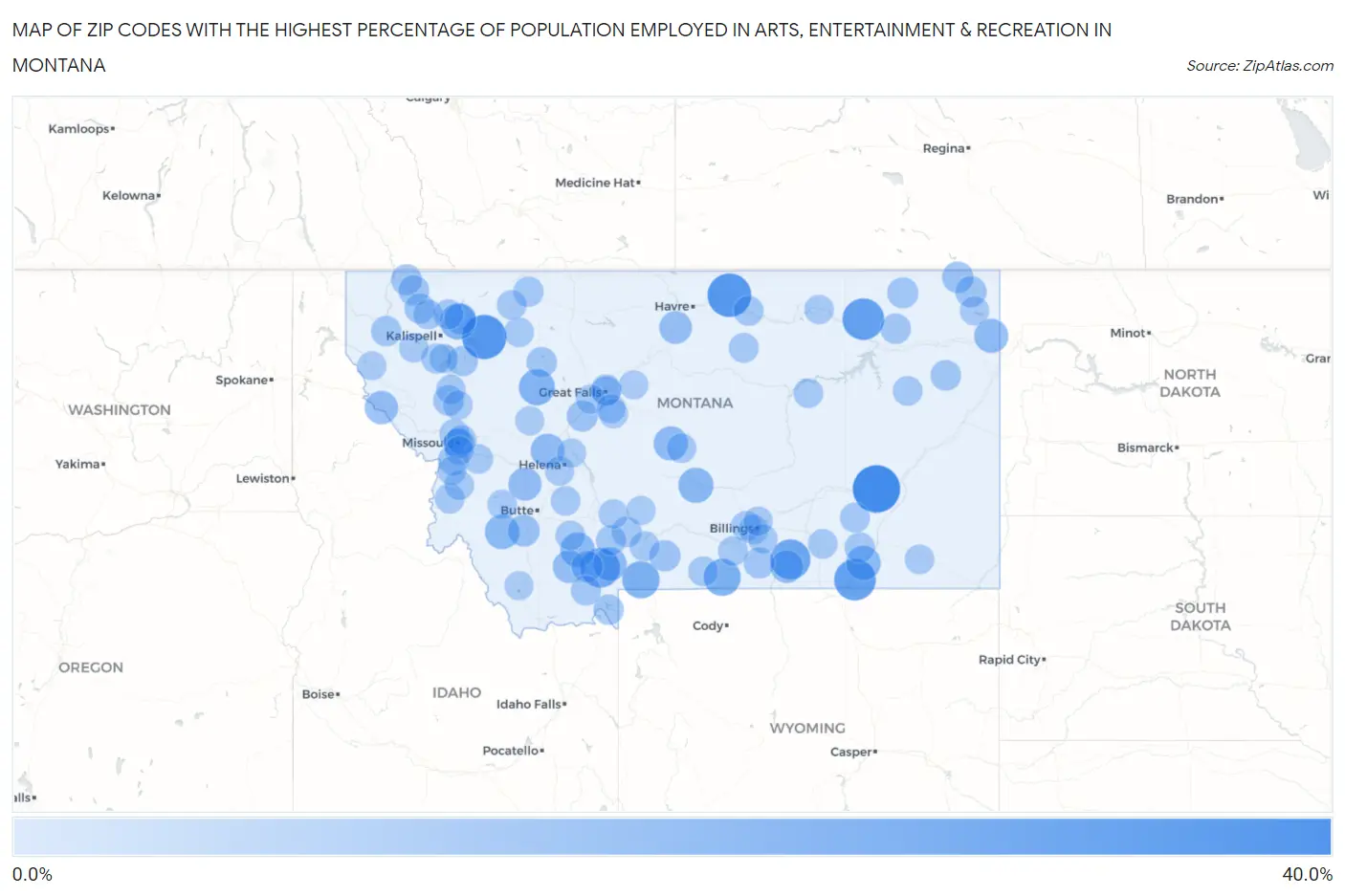 Zip Codes with the Highest Percentage of Population Employed in Arts, Entertainment & Recreation in Montana Map