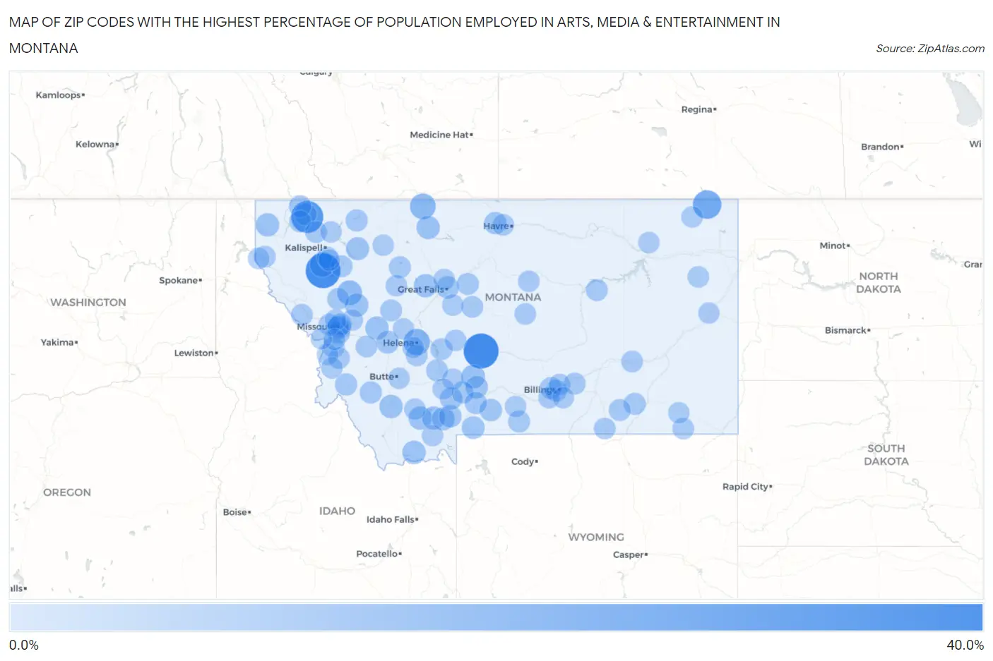 Zip Codes with the Highest Percentage of Population Employed in Arts, Media & Entertainment in Montana Map