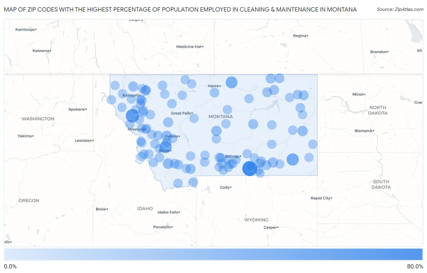 Zip Codes with the Highest Percentage of Population Employed in Cleaning & Maintenance in Montana Map
