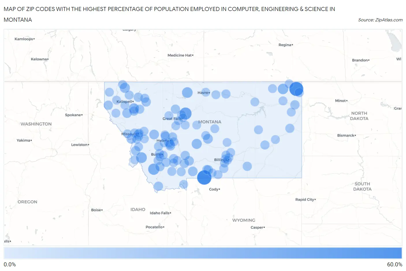 Zip Codes with the Highest Percentage of Population Employed in Computer, Engineering & Science in Montana Map