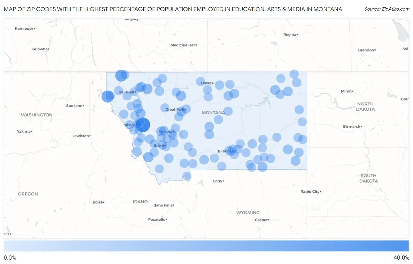 Zip Codes with the Highest Percentage of Population Employed in Education, Arts & Media in Montana Map