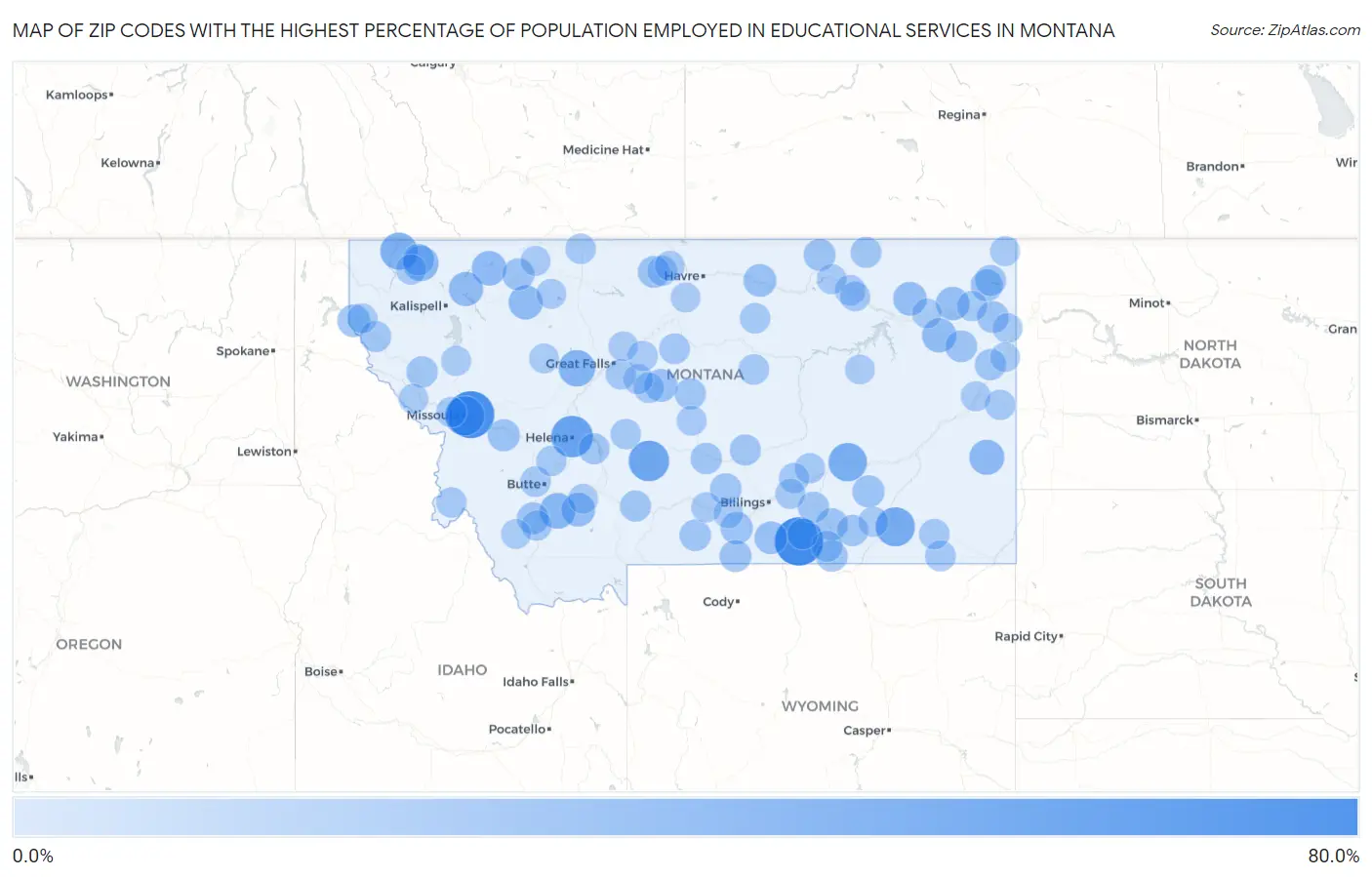 Zip Codes with the Highest Percentage of Population Employed in Educational Services in Montana Map