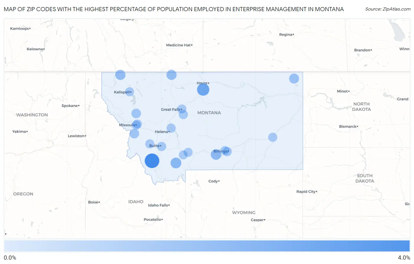 Zip Codes with the Highest Percentage of Population Employed in Enterprise Management in Montana Map