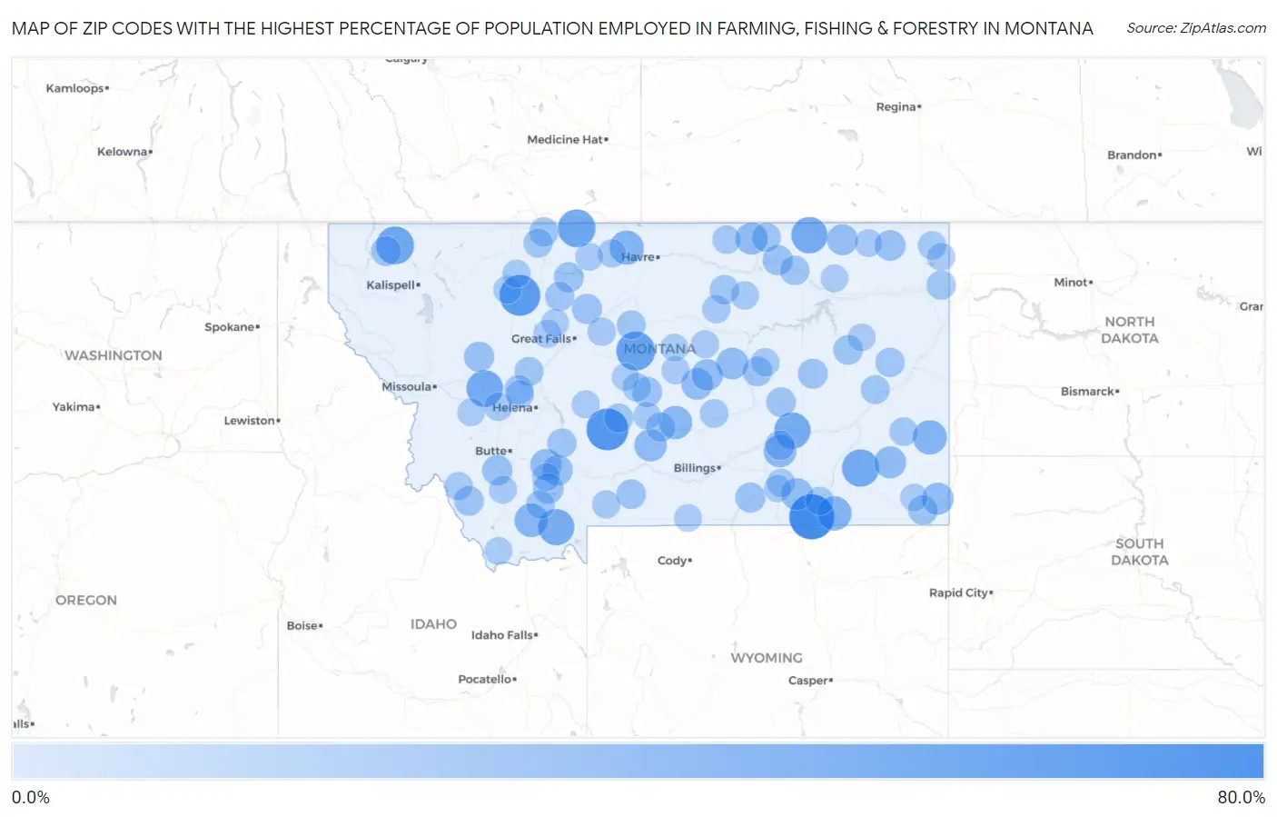 Zip Codes with the Highest Percentage of Population Employed in Farming, Fishing & Forestry in Montana Map