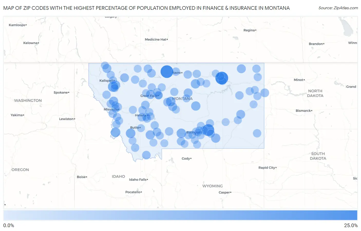 Zip Codes with the Highest Percentage of Population Employed in Finance & Insurance in Montana Map