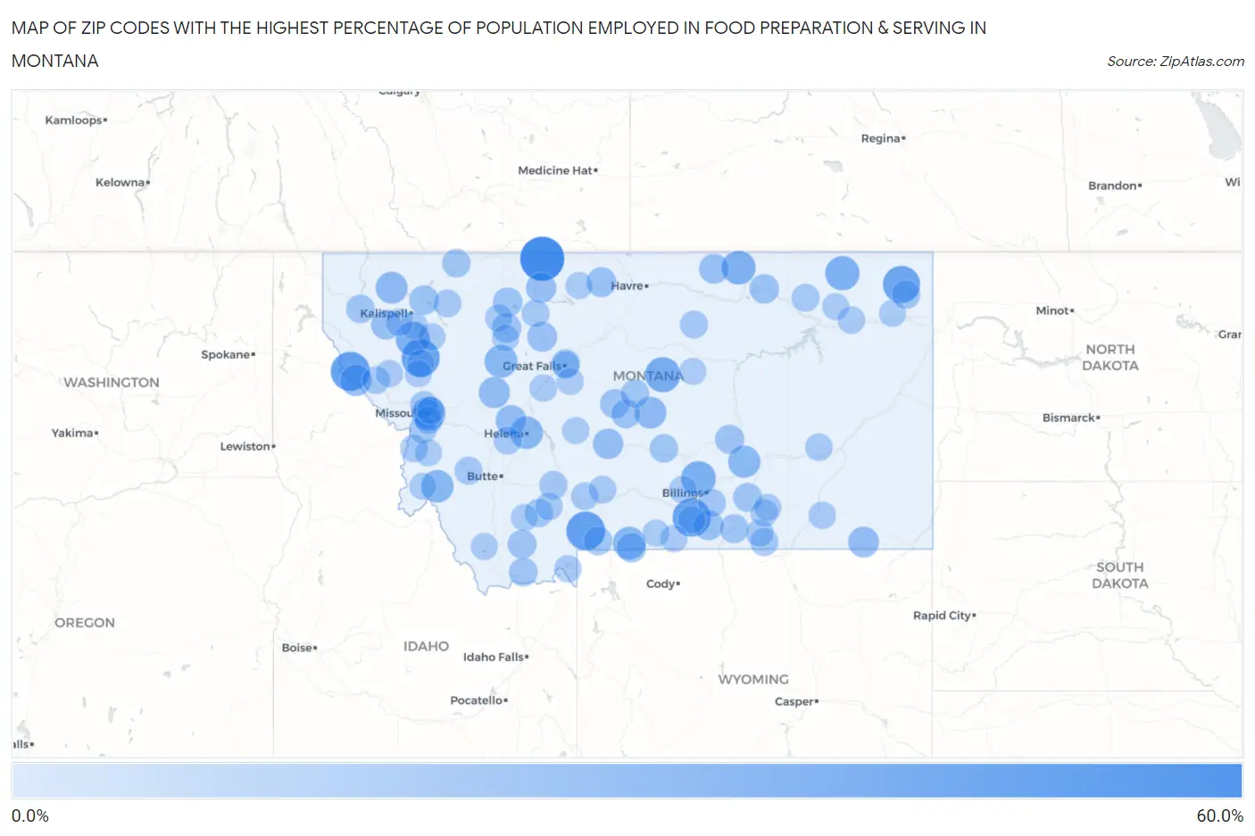 Zip Codes with the Highest Percentage of Population Employed in Food Preparation & Serving in Montana Map