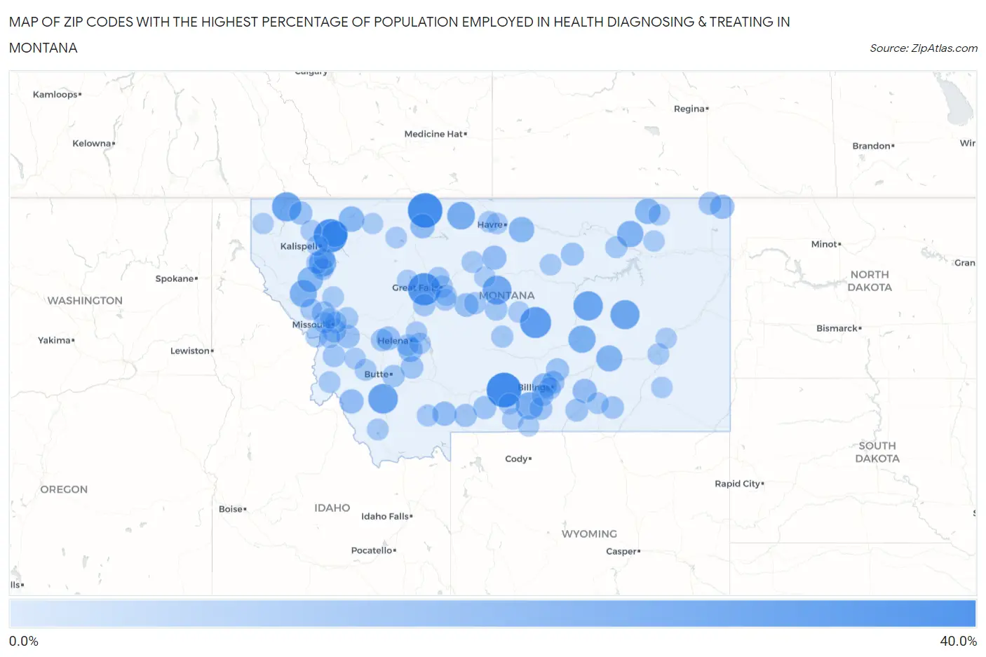 Zip Codes with the Highest Percentage of Population Employed in Health Diagnosing & Treating in Montana Map