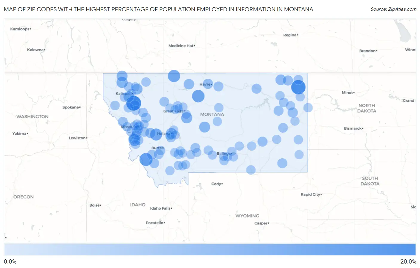Zip Codes with the Highest Percentage of Population Employed in Information in Montana Map