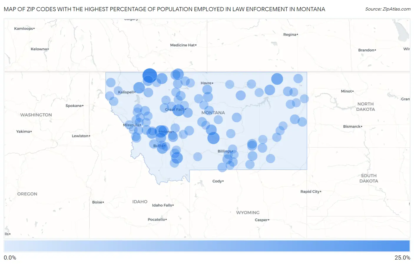 Zip Codes with the Highest Percentage of Population Employed in Law Enforcement in Montana Map