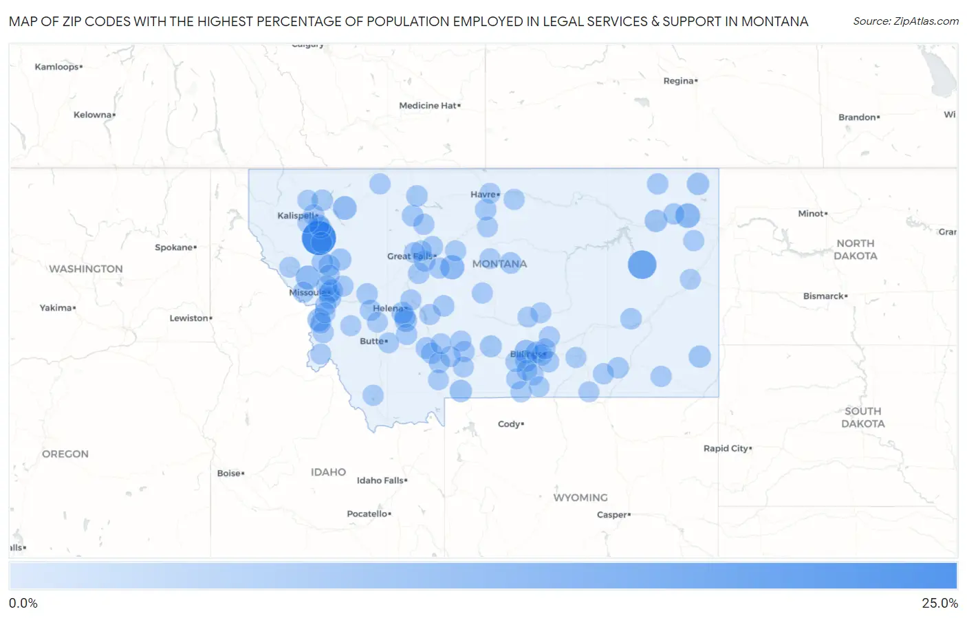 Zip Codes with the Highest Percentage of Population Employed in Legal Services & Support in Montana Map