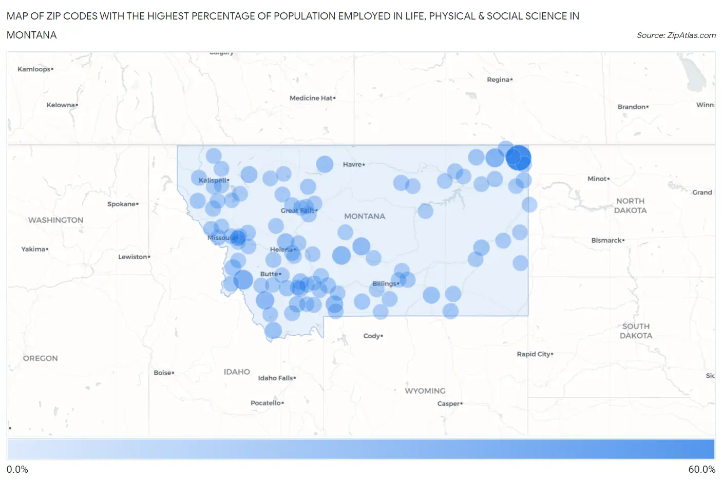 Zip Codes with the Highest Percentage of Population Employed in Life, Physical & Social Science in Montana Map