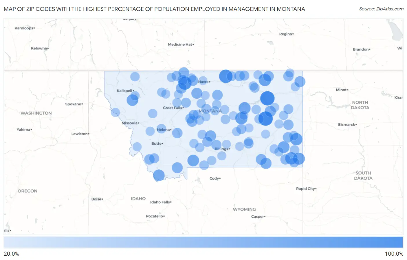 Zip Codes with the Highest Percentage of Population Employed in Management in Montana Map