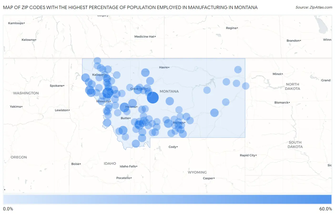 Zip Codes with the Highest Percentage of Population Employed in Manufacturing in Montana Map