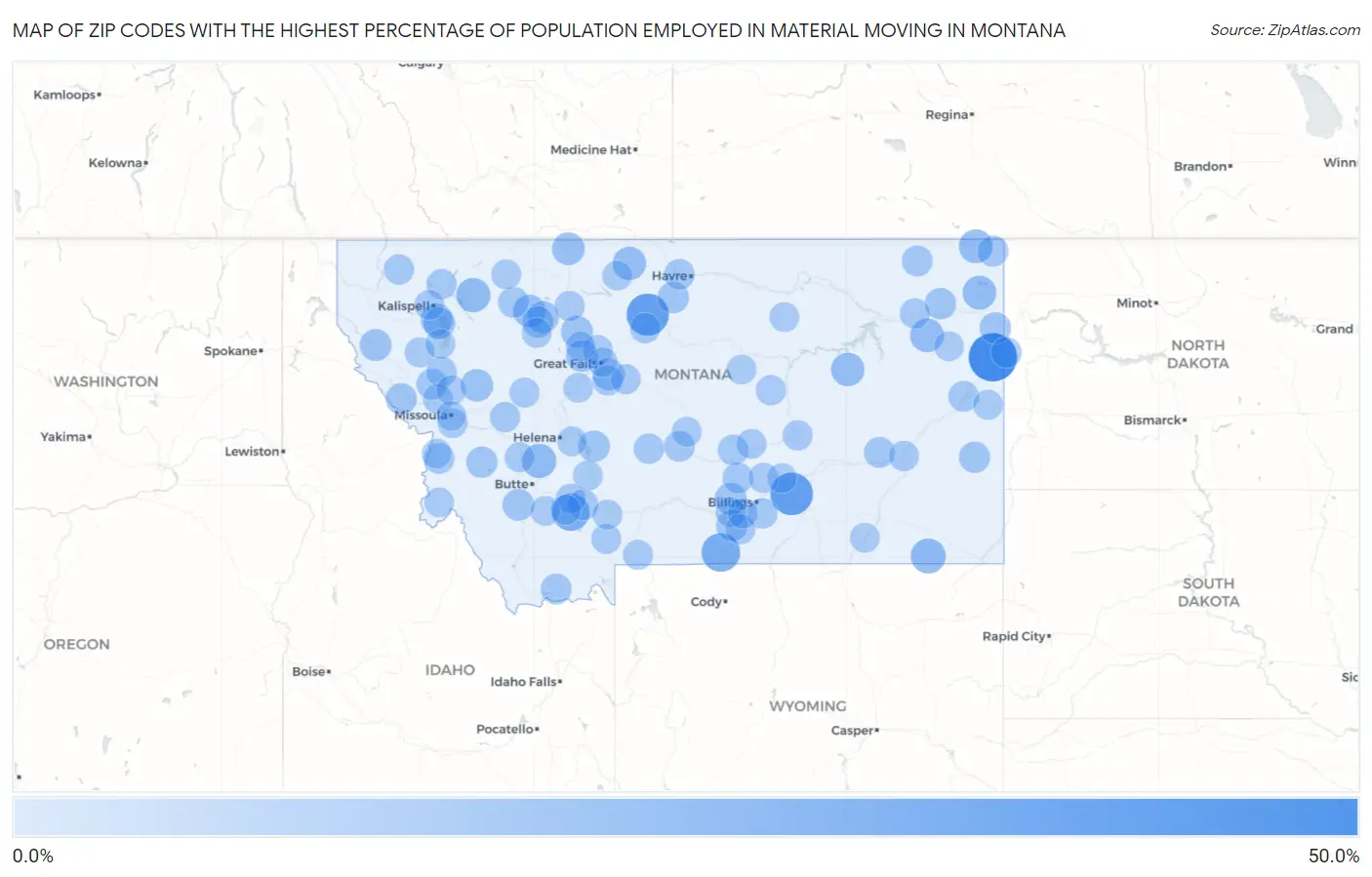 Zip Codes with the Highest Percentage of Population Employed in Material Moving in Montana Map