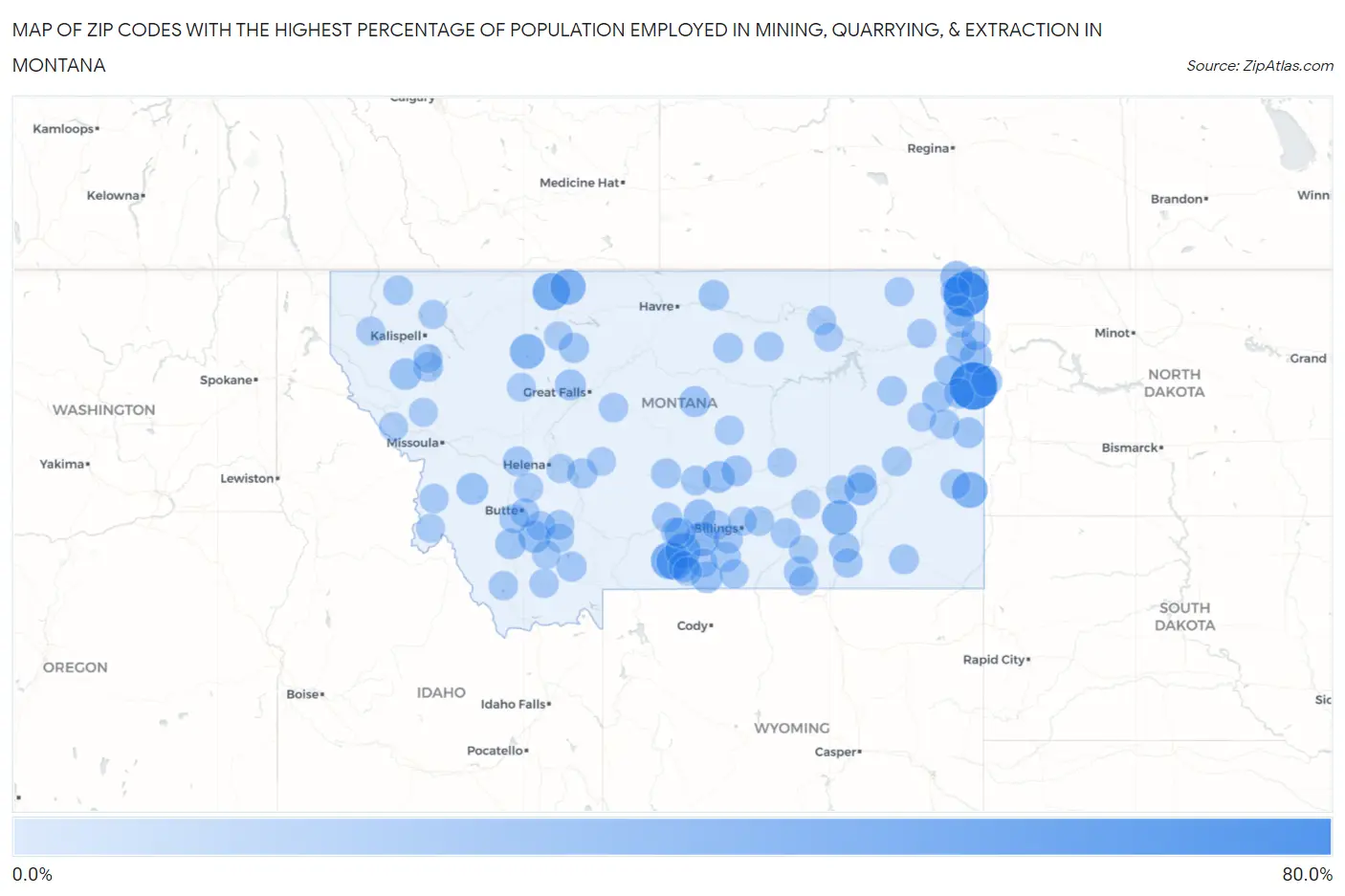 Zip Codes with the Highest Percentage of Population Employed in Mining, Quarrying, & Extraction in Montana Map