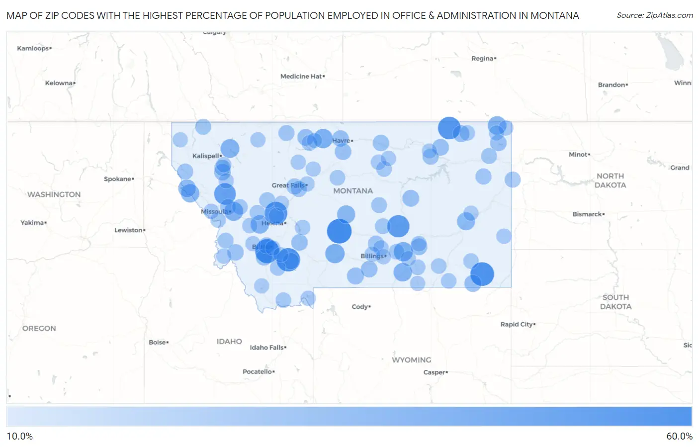 Zip Codes with the Highest Percentage of Population Employed in Office & Administration in Montana Map