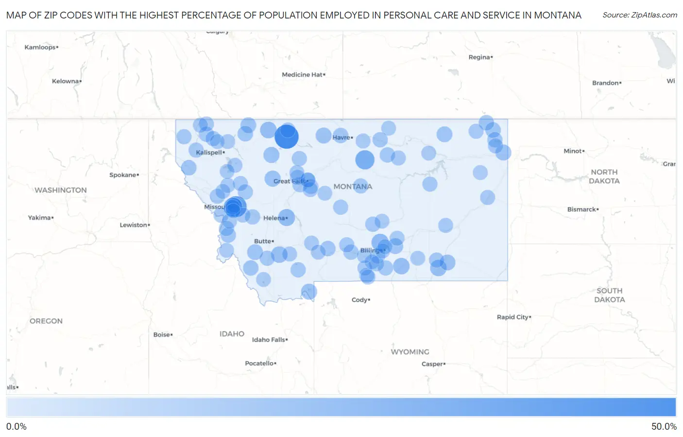 Zip Codes with the Highest Percentage of Population Employed in Personal Care and Service in Montana Map