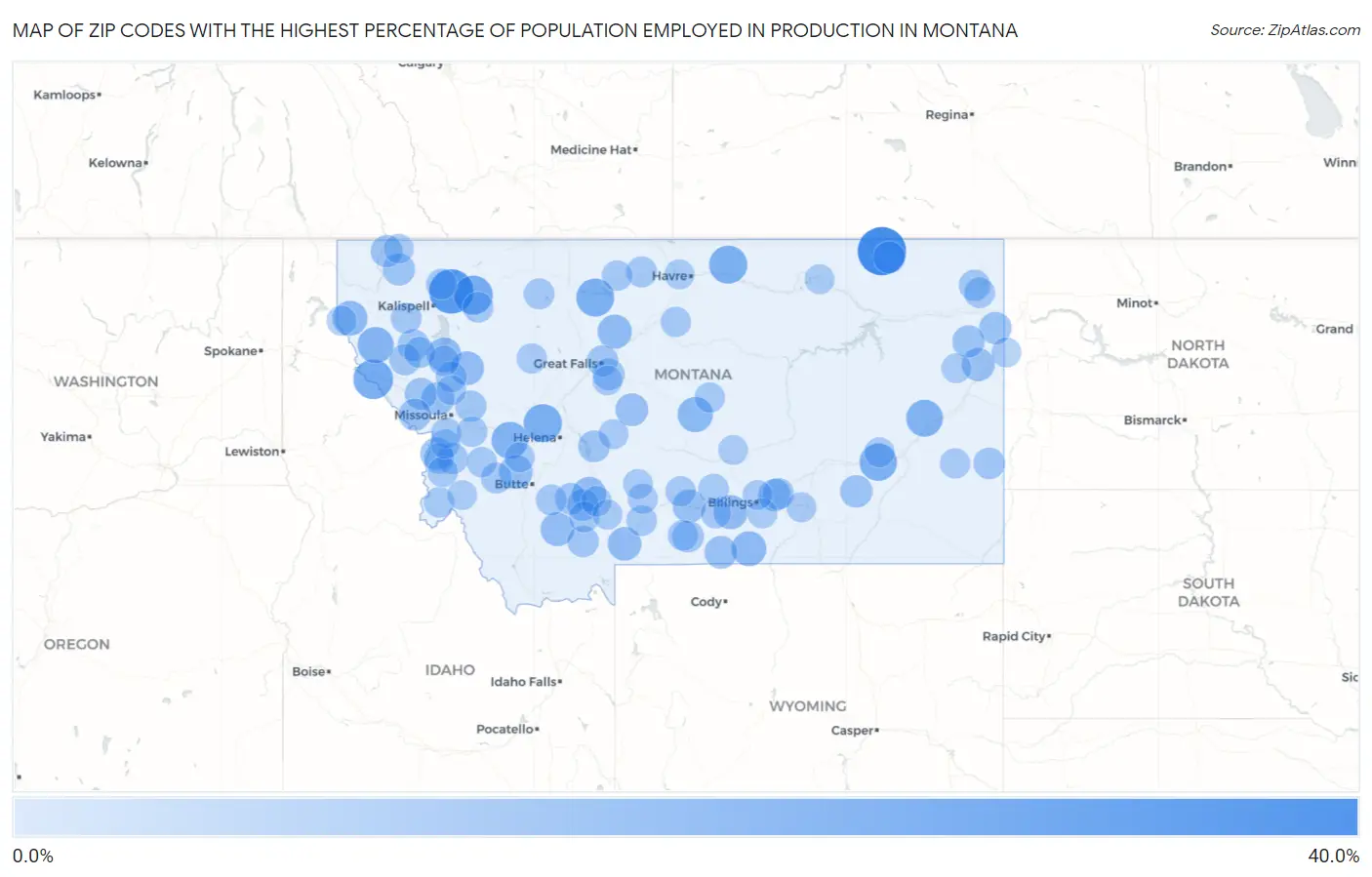 Zip Codes with the Highest Percentage of Population Employed in Production in Montana Map