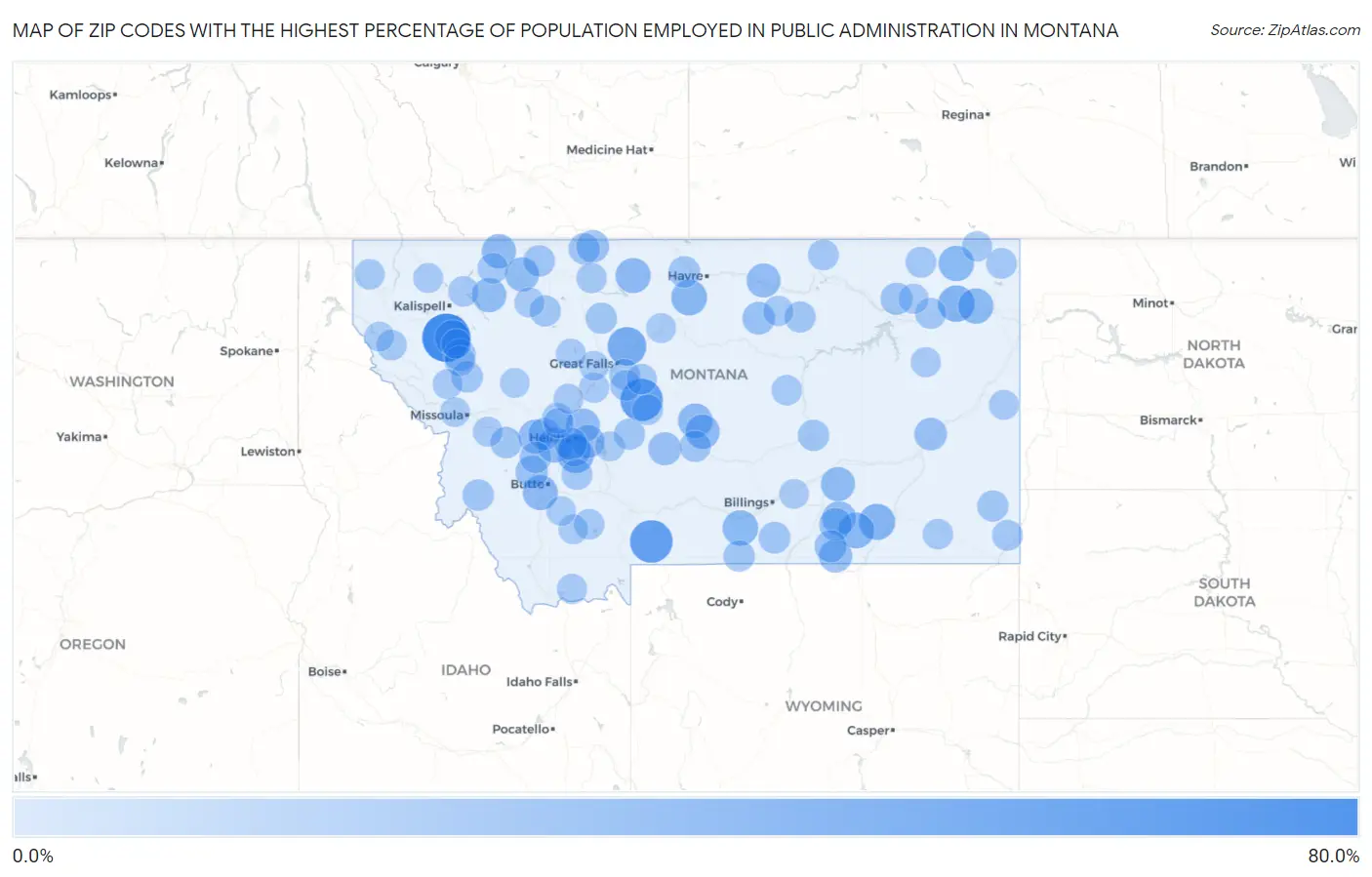 Zip Codes with the Highest Percentage of Population Employed in Public Administration in Montana Map