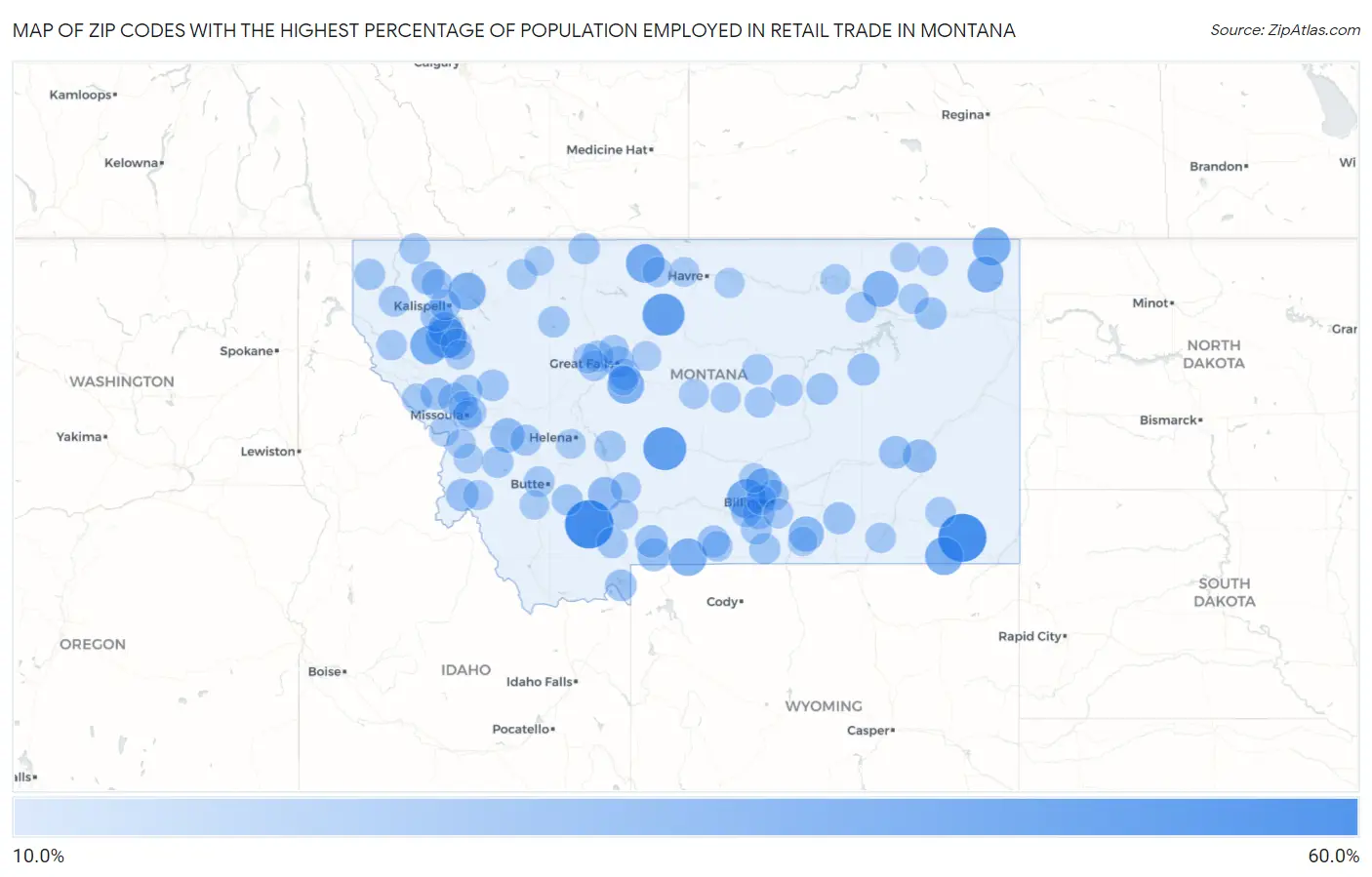 Zip Codes with the Highest Percentage of Population Employed in Retail Trade in Montana Map