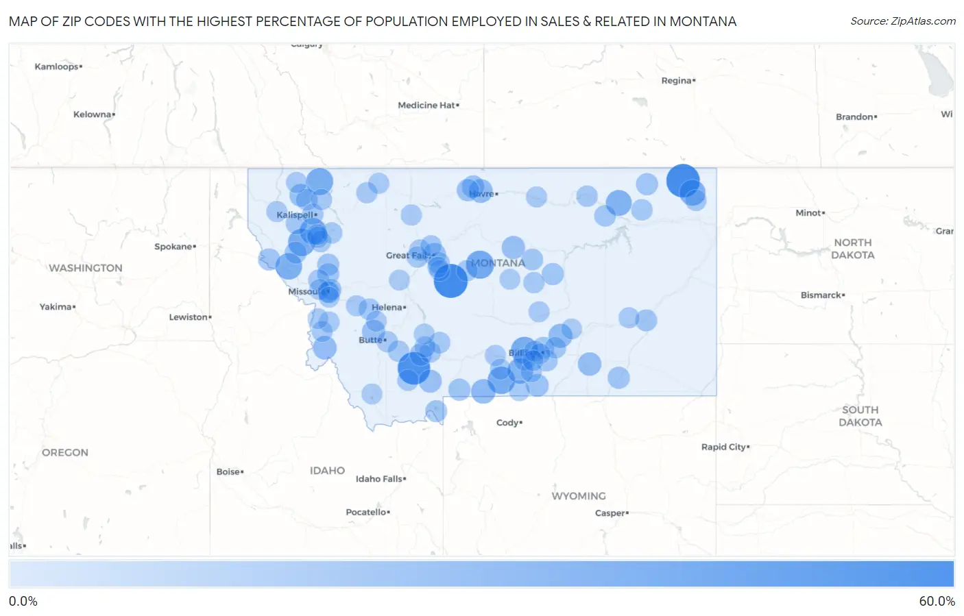Zip Codes with the Highest Percentage of Population Employed in Sales & Related in Montana Map