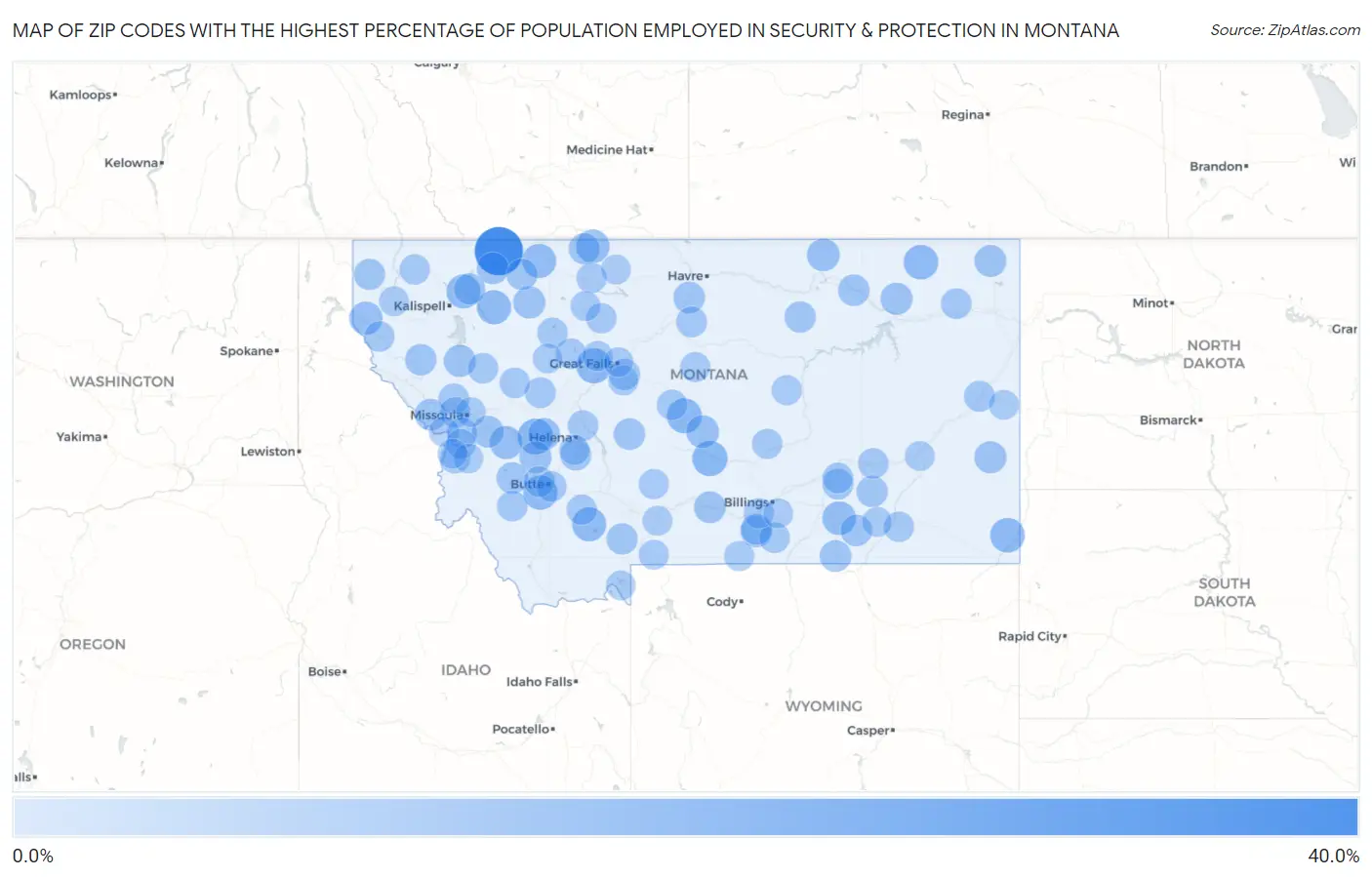 Zip Codes with the Highest Percentage of Population Employed in Security & Protection in Montana Map