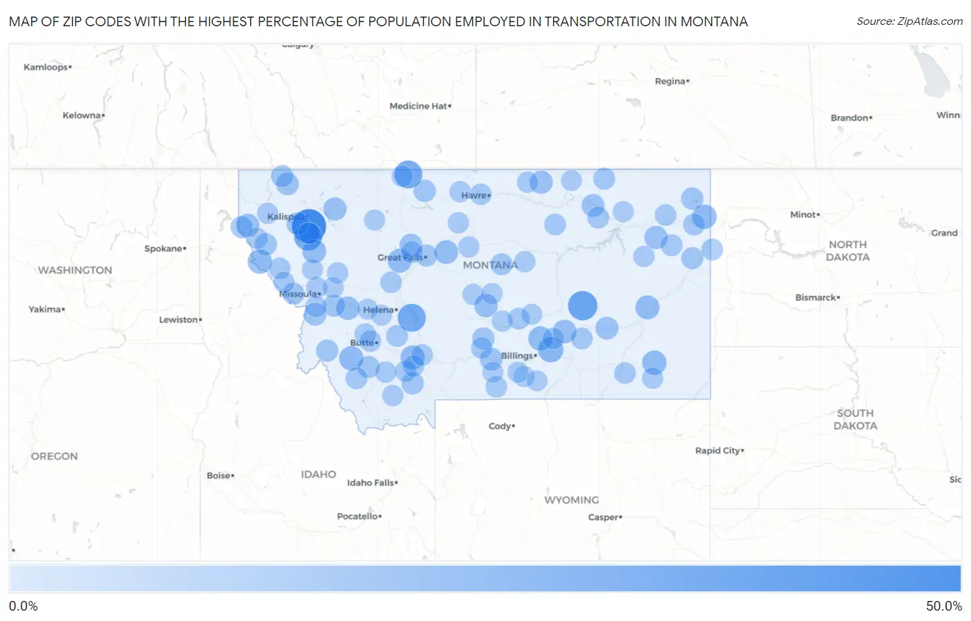 Zip Codes with the Highest Percentage of Population Employed in Transportation in Montana Map