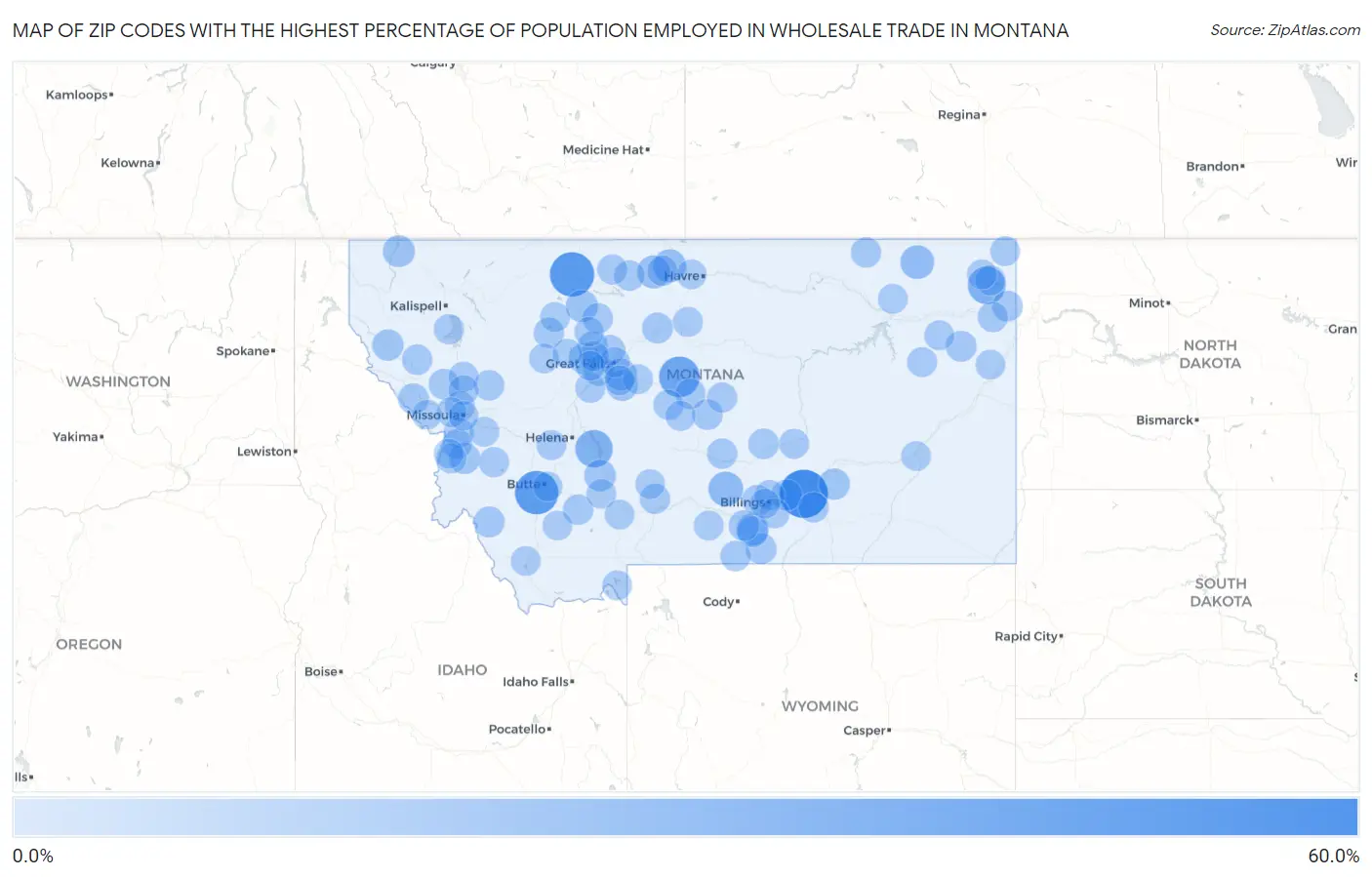 Zip Codes with the Highest Percentage of Population Employed in Wholesale Trade in Montana Map