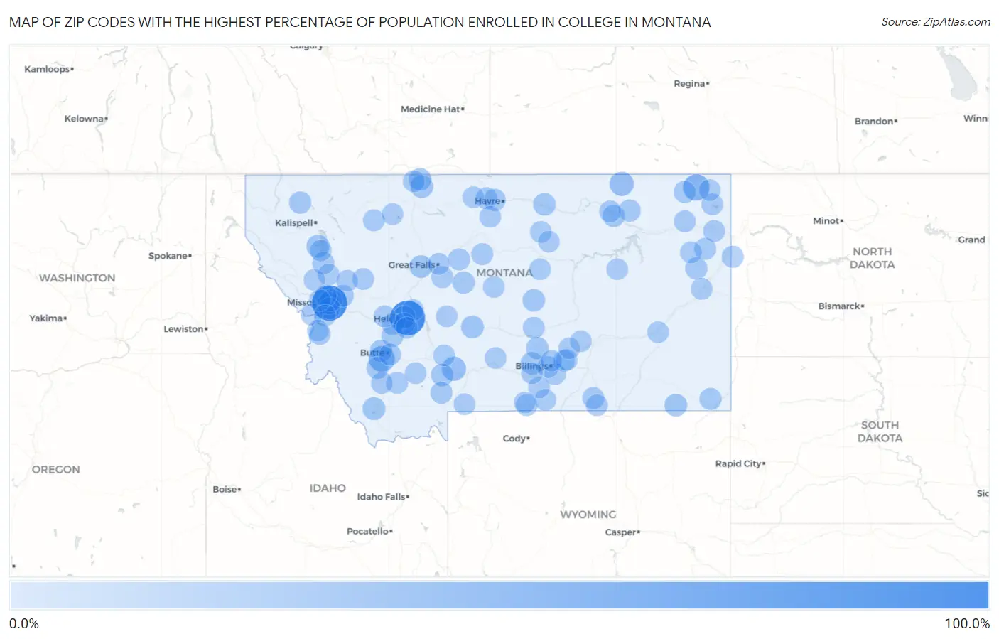 Zip Codes with the Highest Percentage of Population Enrolled in College in Montana Map