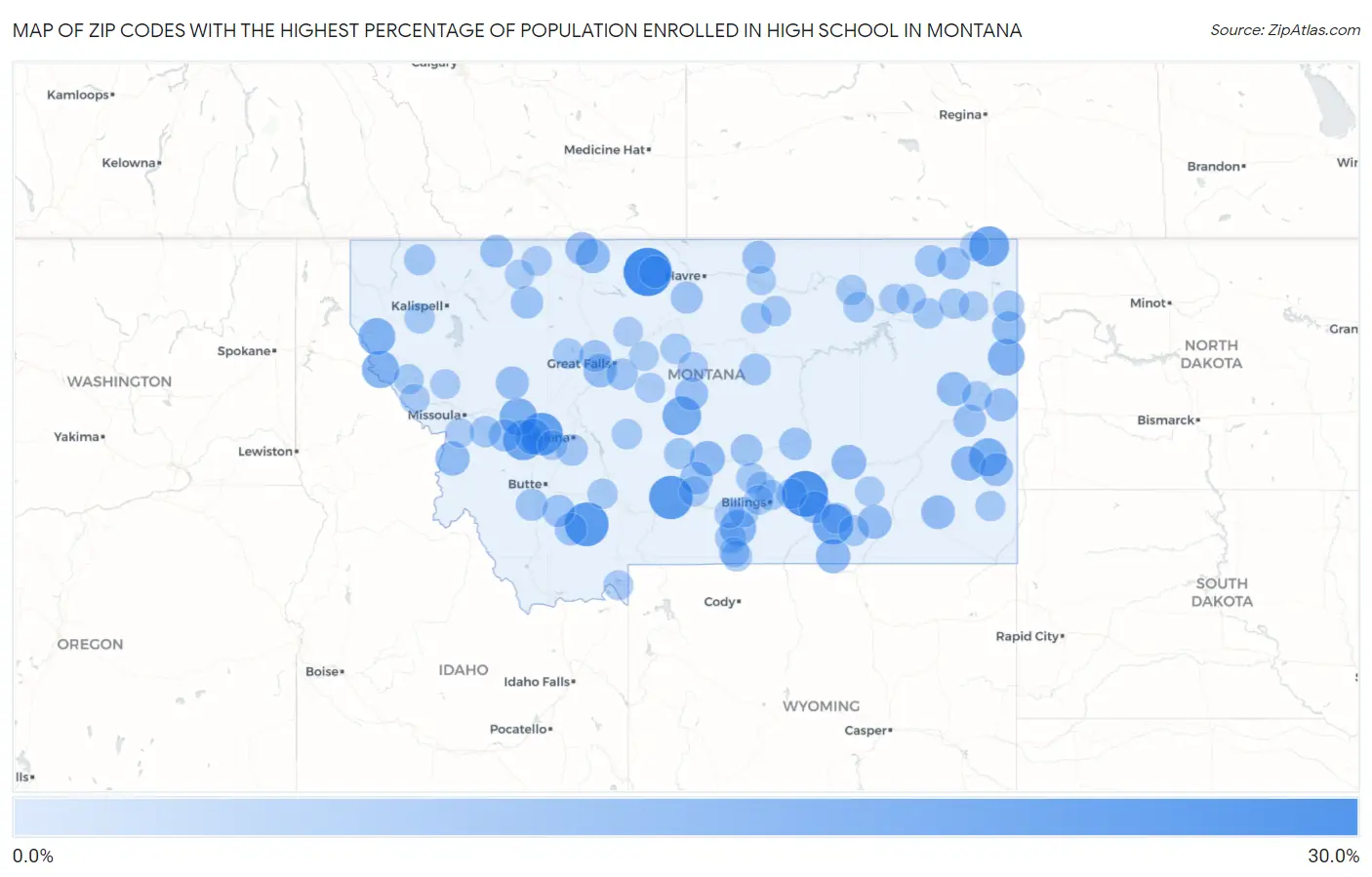 Zip Codes with the Highest Percentage of Population Enrolled in High School in Montana Map