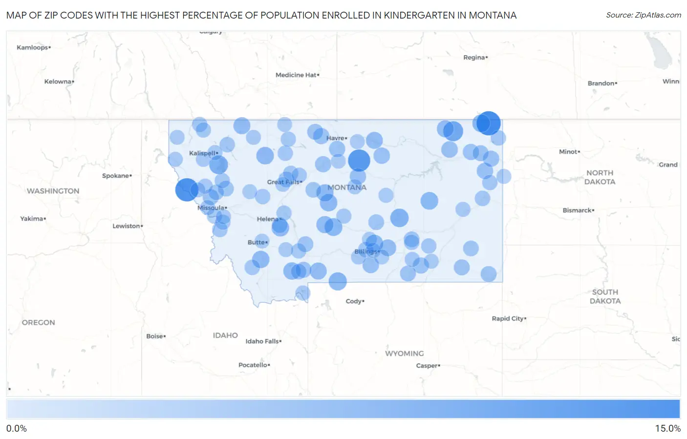 Zip Codes with the Highest Percentage of Population Enrolled in Kindergarten in Montana Map