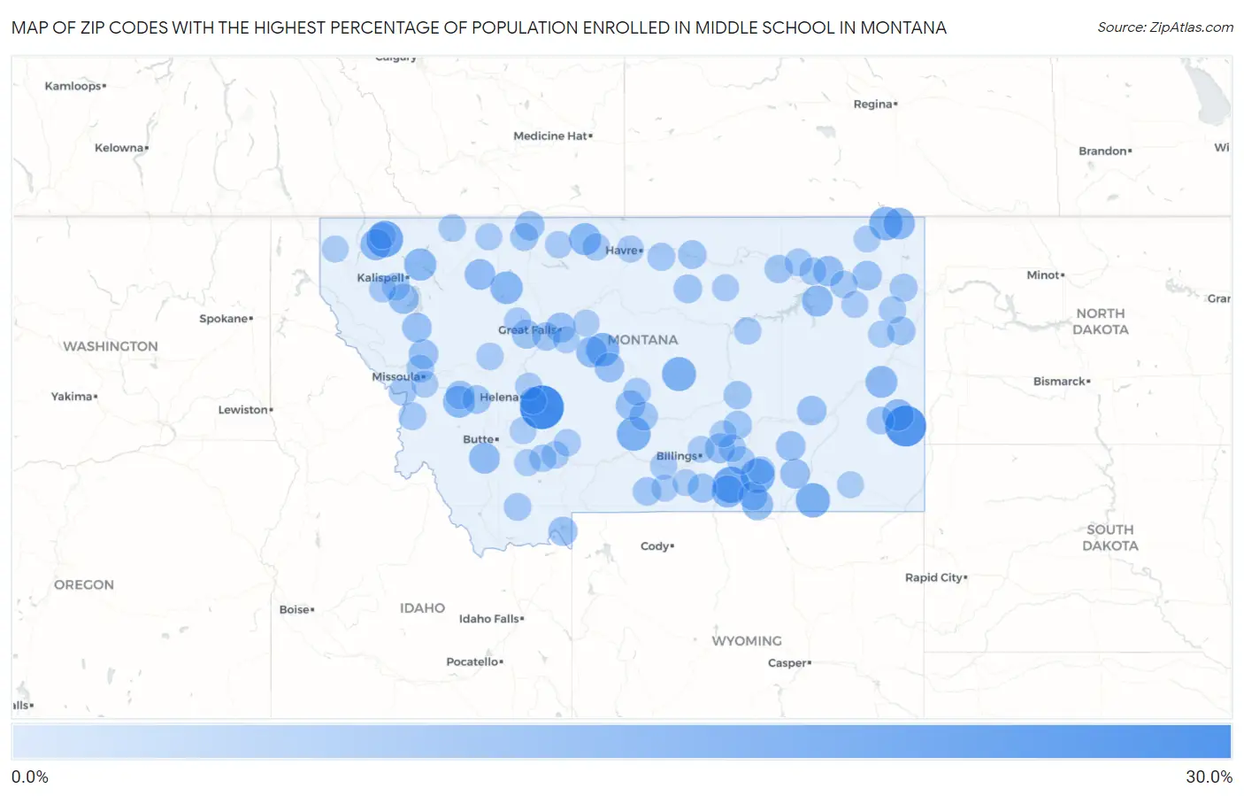Zip Codes with the Highest Percentage of Population Enrolled in Middle School in Montana Map