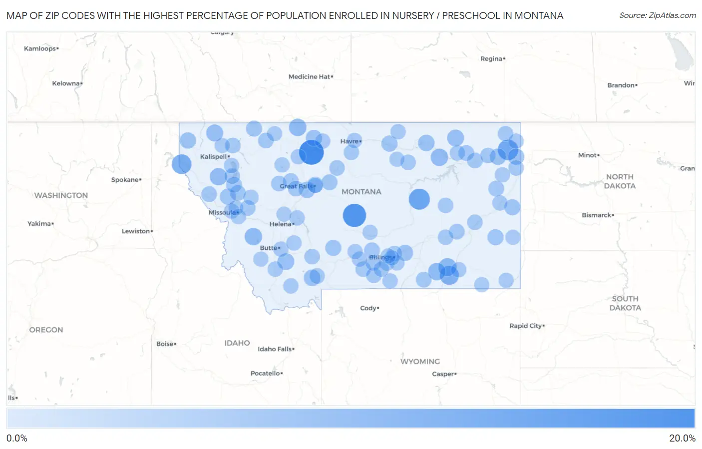 Zip Codes with the Highest Percentage of Population Enrolled in Nursery / Preschool in Montana Map
