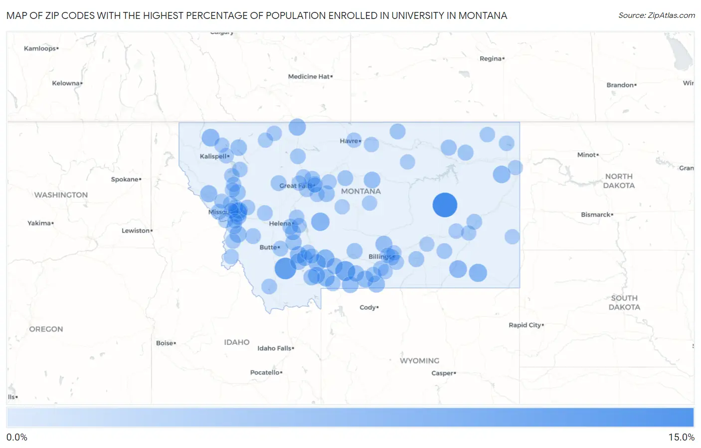 Zip Codes with the Highest Percentage of Population Enrolled in University in Montana Map