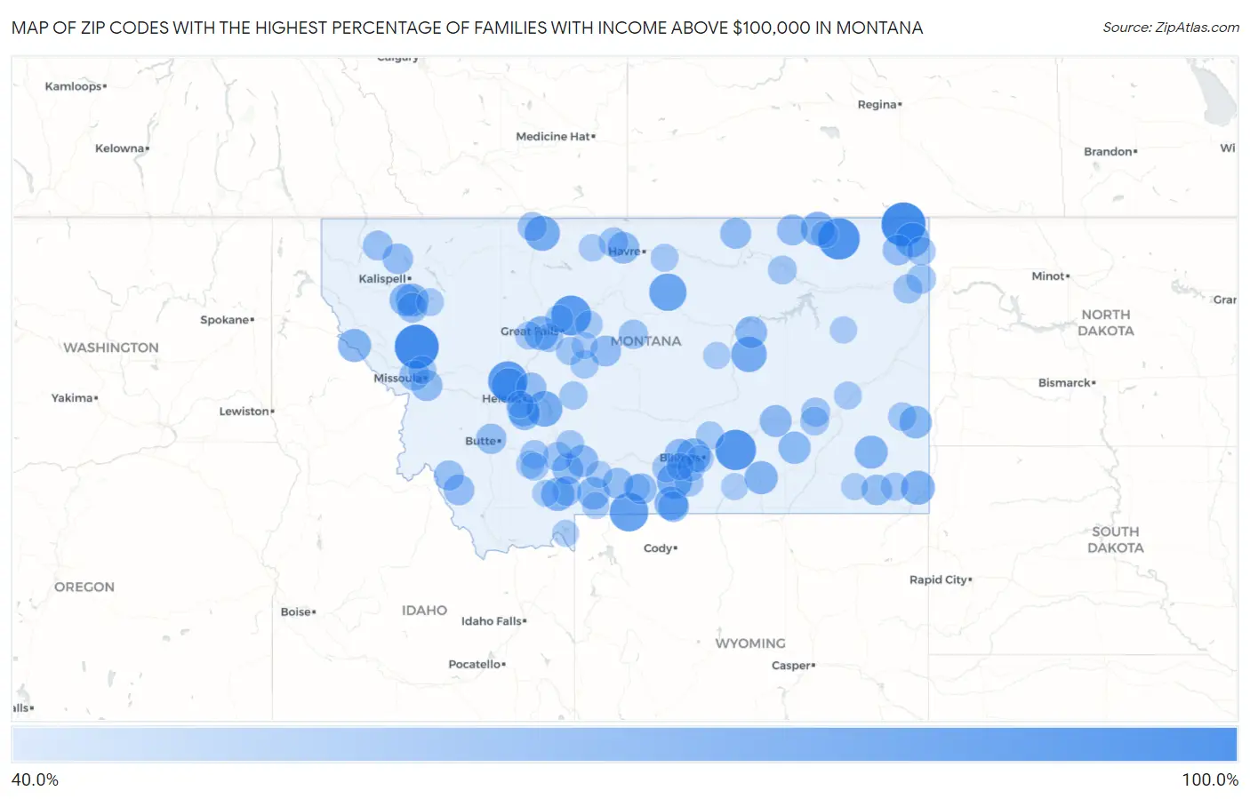 Zip Codes with the Highest Percentage of Families with Income Above $100,000 in Montana Map