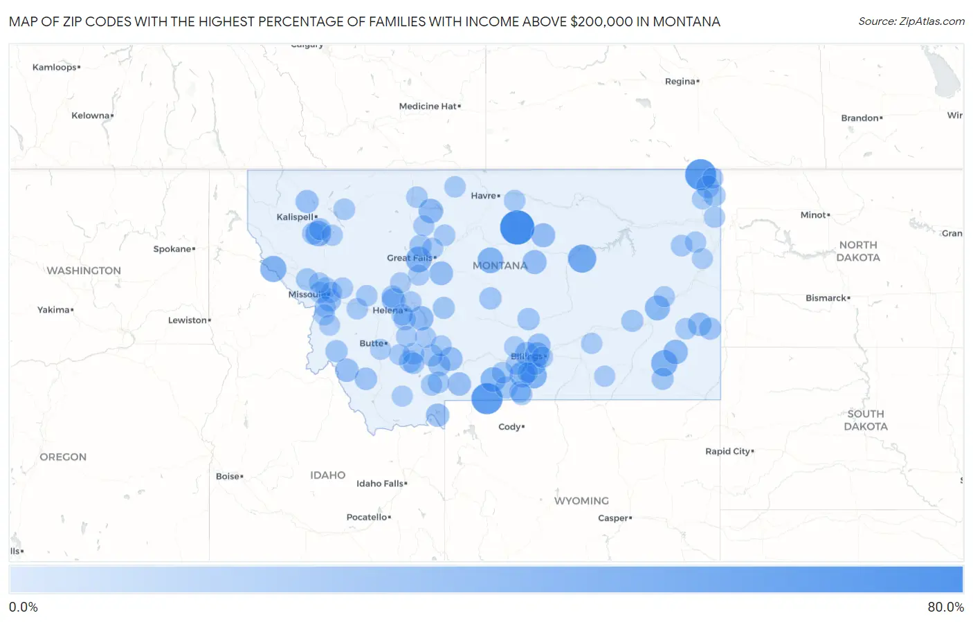 Zip Codes with the Highest Percentage of Families with Income Above $200,000 in Montana Map