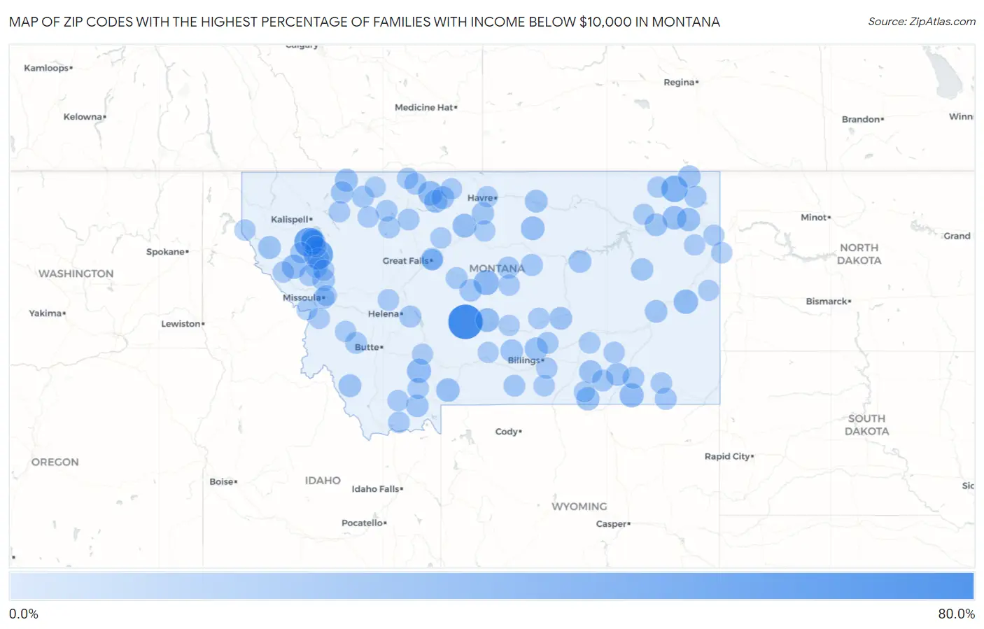 Zip Codes with the Highest Percentage of Families with Income Below $10,000 in Montana Map