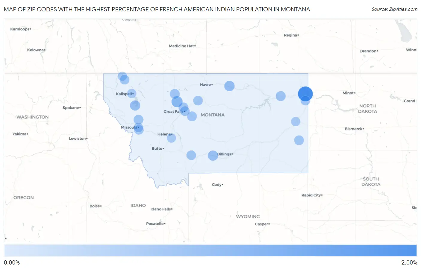 Zip Codes with the Highest Percentage of French American Indian Population in Montana Map